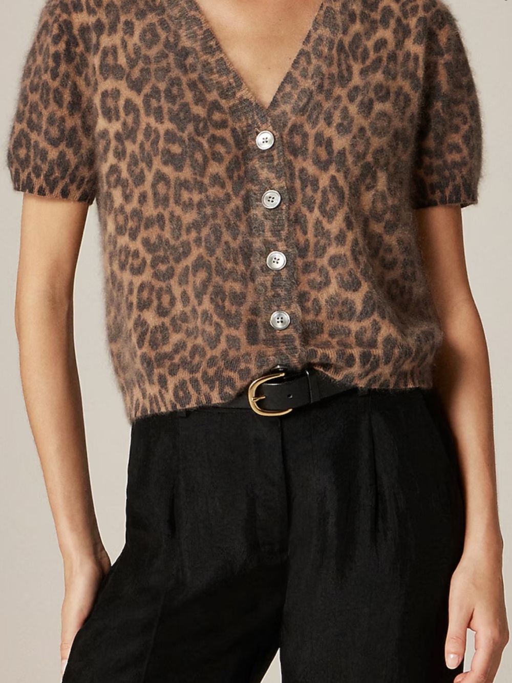 J. CREW Leopard Print Short Sleeve Brushed Cashmere Cardigan